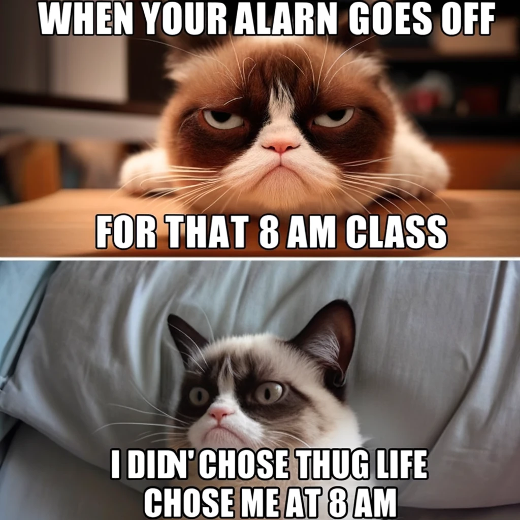 DALL·E 2024-05-03 23.27.14 - A meme featuring Grumpy Cat with a very displeased expression. Top text reads_ 'When your alarm goes off for that 8 AM class'. Bottom text reads_ 'I d.webp